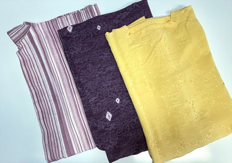 花とら●リサイクル羽織り　道行　3枚まとめて　着用可能　美品　リメイク　素材　黄色　紋意匠　紫　型染　縞　　240401