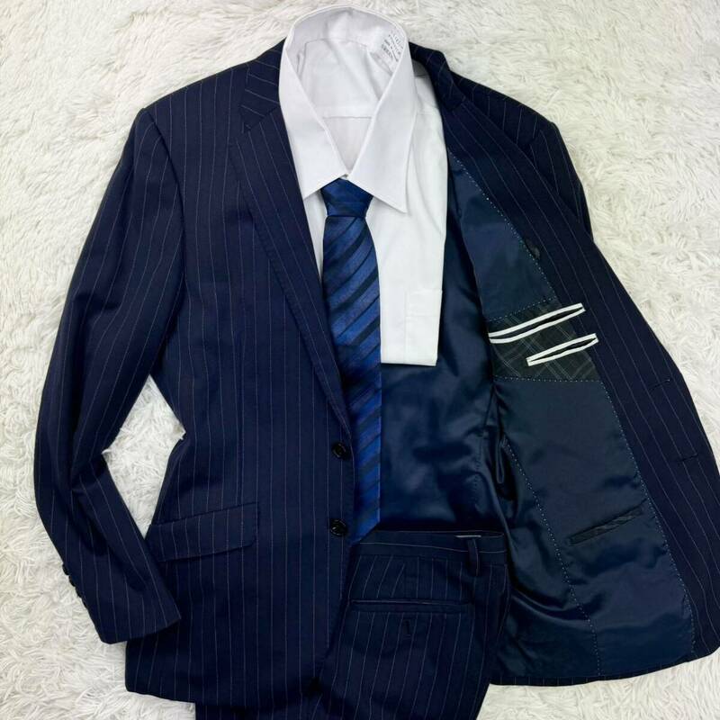 極美品/希少L◎パーフェクトスーツファクトリー perfect suit FActory セットアップ 紺色 ネイビー ストライプ A6 ウール 高級感◎ 通年