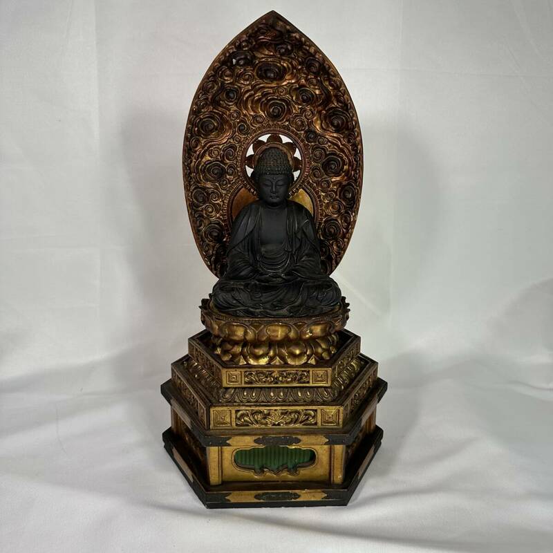 阿弥陀如来座像 木彫り 座像 仏教美術 仏像 仏教 仏具 古美術 玉眼 (RJ-079)