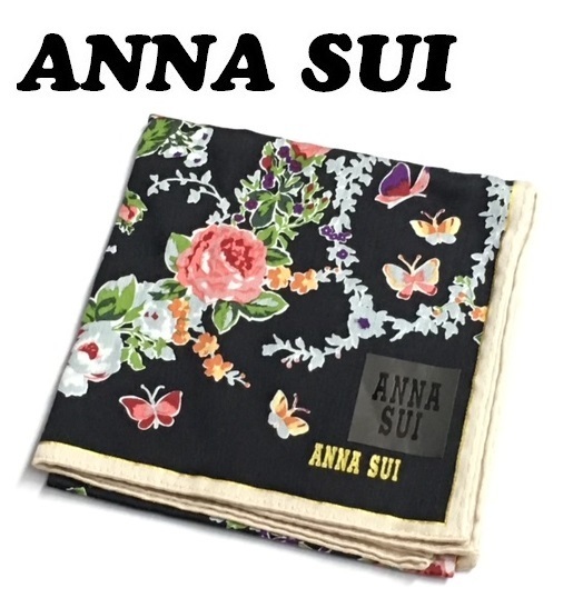 【ANNA SUI】(NO.2548)アナスイ ハンカチ　ブラック×ローズ柄　未使用　50cm