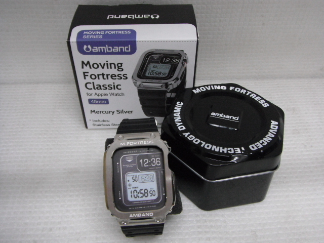 未使用品 amBand コンパチブル Apple Watch バンド ラバーベルト 45mm シルバー×ブラック 定形外郵便全国一律350円 D2-A