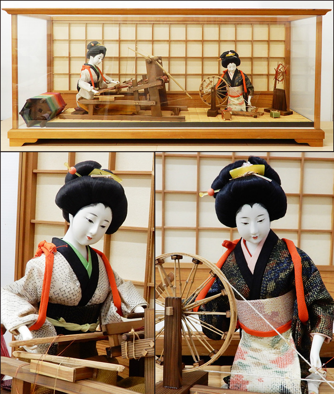 【引取限定】◆ 熊倉富三 日本人形 2体 機織りをする女性 糸巻をする女性 機織り人形 ガラスケース付き 市松人形