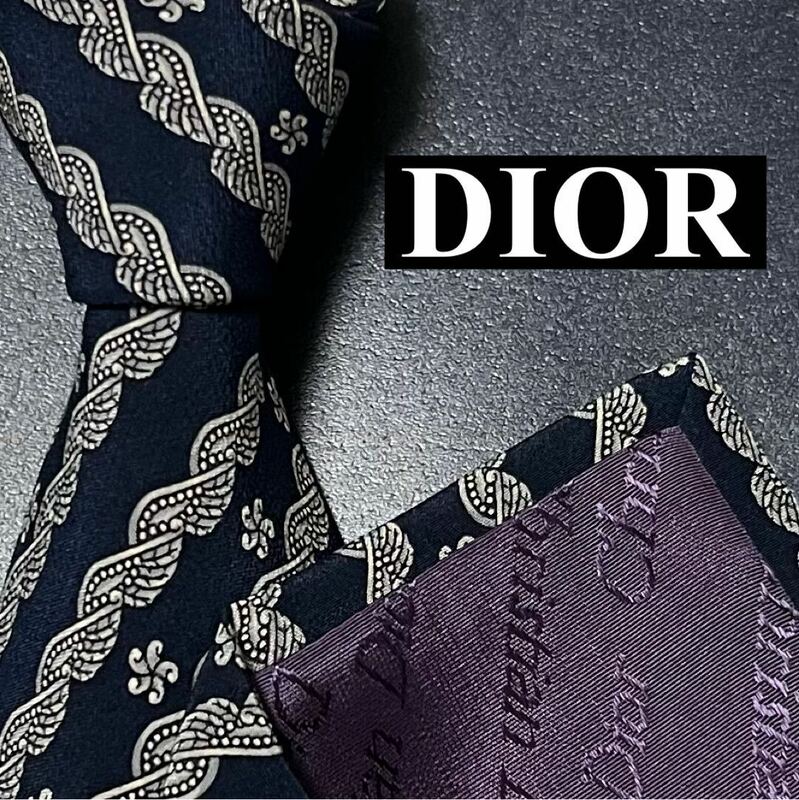 【完売品/美品】Christian Dior クリスチャンディオール メンズ ネクタイ シルク ブランドロゴ 花柄 羽 ファッション ネイビー 紺