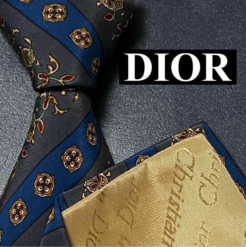 【完売品/極美品】Christian Dior クリスチャンディオール メンズ ネクタイ シルク ブランドロゴ 花柄 ファッション ゴールド系 金色