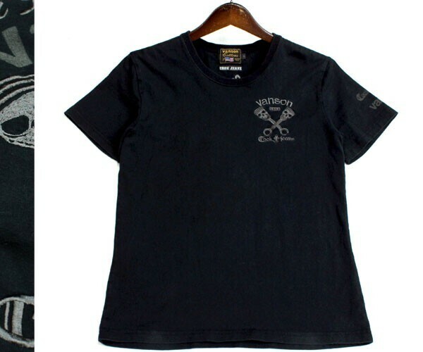 【コラボ】バンソン×Cook jeans vanson ロゴ×スカル刺繍 クルーネック半袖Tシャツ カットソー サイズXS-S相当 0415a