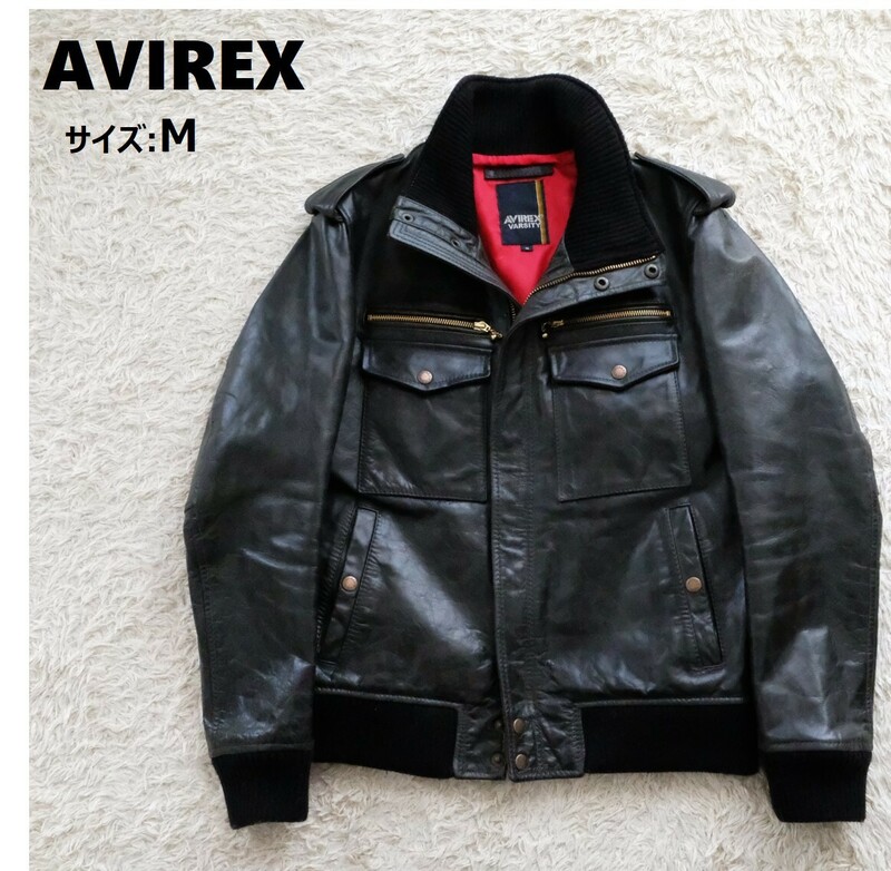 【美品】AVIREX アヴィレックス サイズ:M カウレザー フライトジャケット 革ジャン ブラック レッド M-65 ライダース トップガン