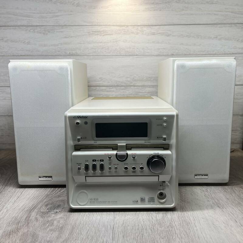 【YH-8745】中古現状品 Victor ビクター ミニコンポ スピーカー付き CD MD カセット CA-UXW50-W 通電確認済み
