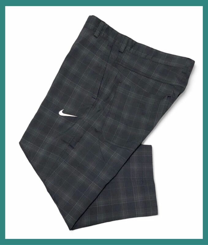 925◆NIKE GOLF ナイキゴルフ◆ビッグロゴ スウッシュプリント チェック柄 クロップド丈 ストレッチ ゴルフ パンツ グレー 31