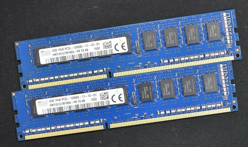 8GB (4GB 2枚組) PC3L-12800E DDR3L-1600 ECC 1.35V/1.5V 1Rx8 片面実装 240pin ECC Unbuffered DIMM SK-Hynix (管:SA5766 x2s