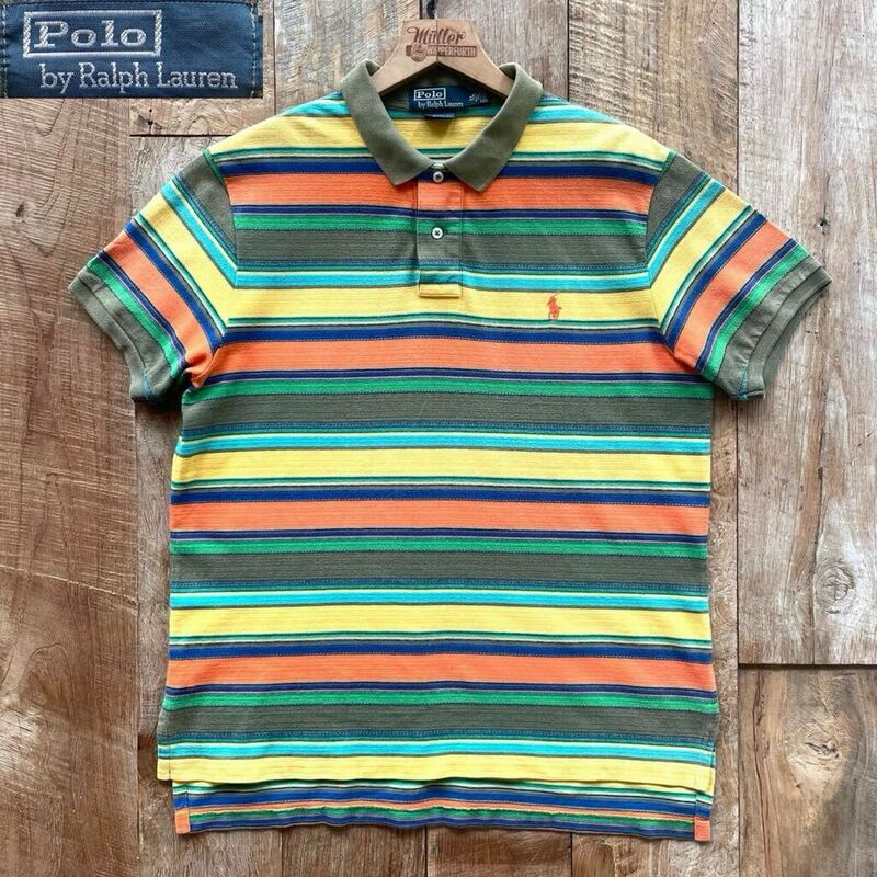 【美品】90S Polo by Ralph Lauren ラルフローレン ネイティブ ボーダー柄 半袖 鹿の子 ポロシャツ XL ヴィンテージ 古着