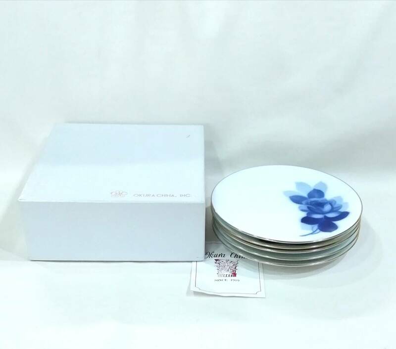 【波】大倉陶園の清楚な”ブルーローズ　銘々皿”　5枚