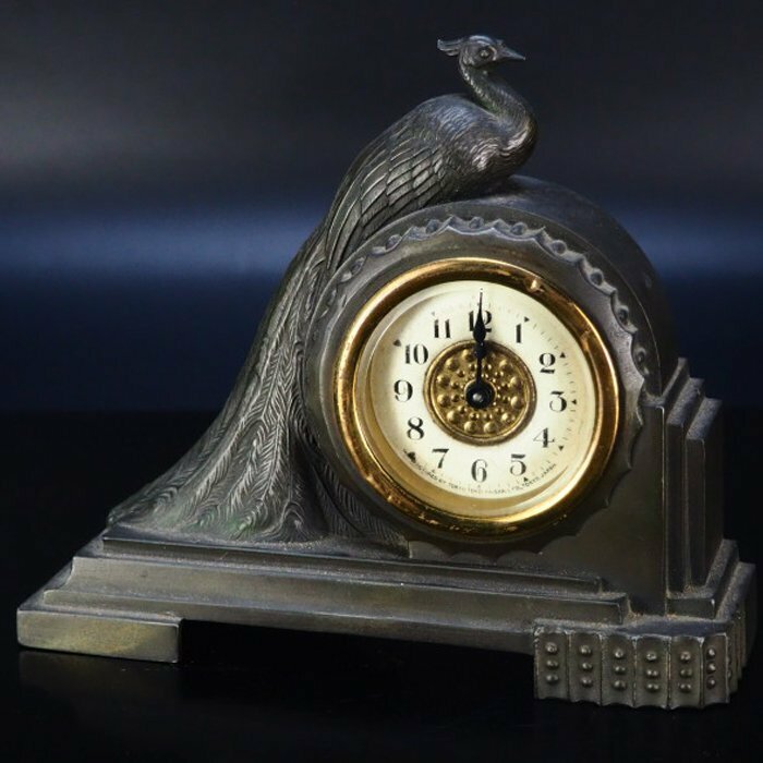 【治】『森時計店』製　ブロンズ　瑞鳥置時計☆オブジェ　置物　アンティーク　置時計　CN052