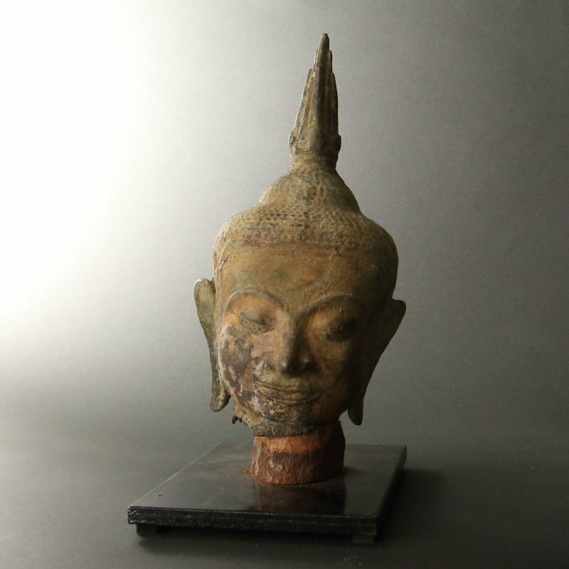 【深和】14世紀、スコータイ様式◆青銅仏頭（仏教美術 仏像 クメール王朝 ラッサミー 床飾）