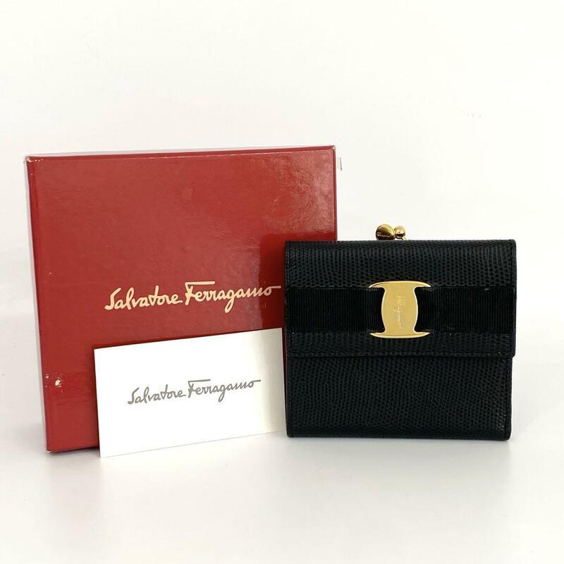 《大特価！》 FERRAGAMO フェラガモ がま口 折り財布 ヴァラリボン 黒 4-19058