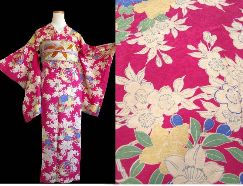 あでやか　濃ピンクに桜　牡丹　躑躅　アンティーク錦紗着物