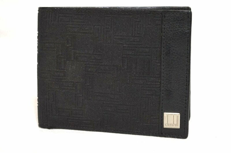 ダンヒル●二つ折り財布●型押しレザー 総柄 ブラック 黒 ロゴ カード 革 ビジネス スーツ スリム 薄型