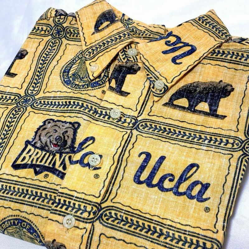 90s 未使用 ビキニタグ Reyn Spooner レインスプーナー UCLA bruins カレッジ ロゴ 総柄 プルオーバー 半袖 ボタンダウン アロハ シャツ M