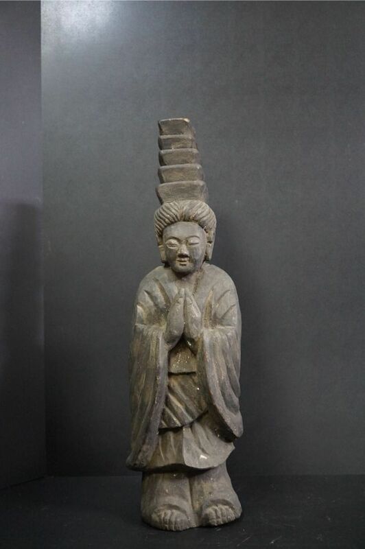 D4647-2 時代 木造荒彫 民衆仏 菩薩像 (高さ50.5cm/2.47kg) 円空仏