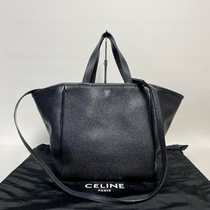 2403-52-2｜美品｜CELINE セリーヌ スモールフォールドカバ 2WAY ハンドバッグ レザー ブラック 保存袋・ストラップ付き