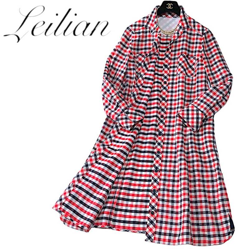 A07◆極美品 レリアン Leilian 大きいサイズ 13 XL前後 ゆったり シャツ ワンピース 羽織り 身幅52.5cm チェック 本切羽 ロールアップ可能