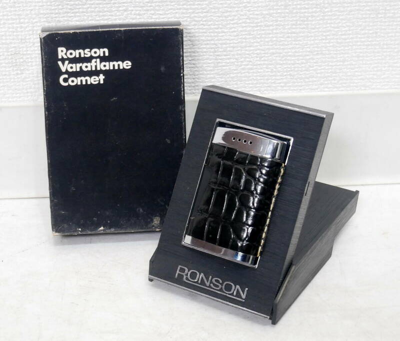 ▲(R604-E112)現状品 RONSON ロンソン シルバー 黒革巻き ガスライター 火花確認済み