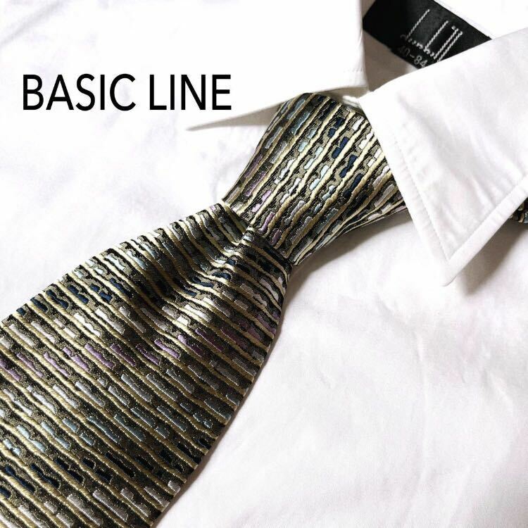 BASIC LINE シルク 絹 100% ネクタイ シルクネクタイ 日本製 高品質 ビジネス カジュアル フォーマル グリーン系 ボーダー ストライプ柄