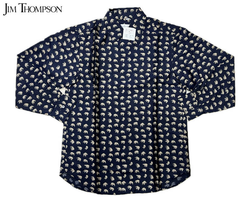 ★新品 JIM THOMPSON ジムトンプソン シルク100% エレファント 総柄 長袖 シルクシャツ ダークネイビー SS