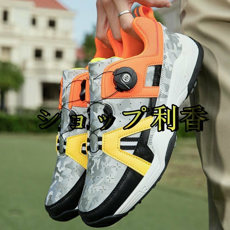 新品 ゴルフシューズ 運動靴 フィット感スポーツシューズ ソフトスパイク 強いグリップ 軽量弾力性通気性 防滑耐磨 オレンジ色 24.5cm~28cm