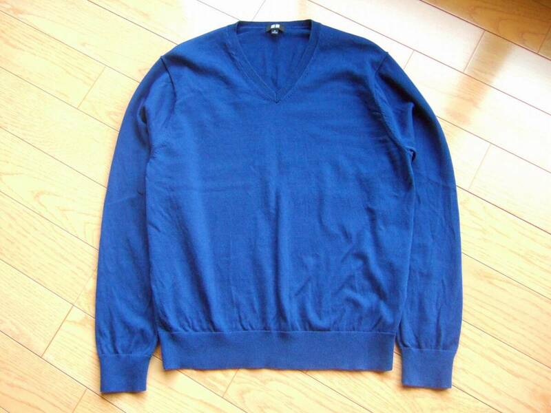 ユニクロ UNIQLO Vネック 綿セーター コットンニット M ネイビー ブルー 明るい紺