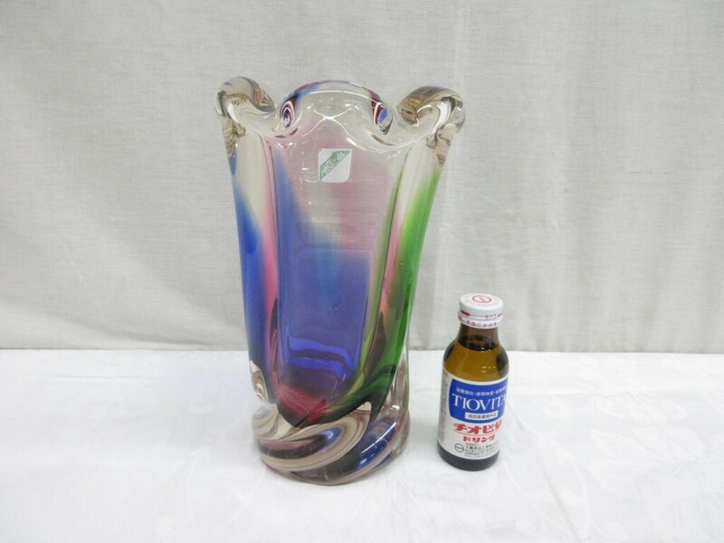 04Y026 【 中古品 】 昭和レトロ ガラス製 フラワーベース 花瓶 アートグラス 総重量(約)3.6Kg オーロラ系色 現状渡し