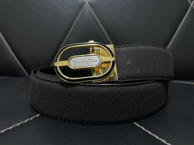 極美品 Christian Dior ディオール レザーベルト ベルト ダークブラウン ビジネス スーツ ゴールドバックル メンズ 紳士 オシャレ