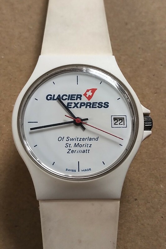 スイス製 GLACIER EXPRESS 氷河急行 グレッシャーエクスプレス ロゴ入りウォッチ 電池交換済み 美品 爽やかで涼げな白い夏の時計 お土産