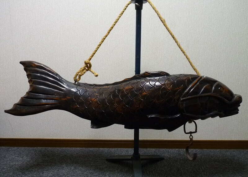 《ＢＴ》特大 時代木彫鯉形自在鉤 全長１０２ｃｍ 重量９．６ｋｇ 古民具 囲炉裏道具