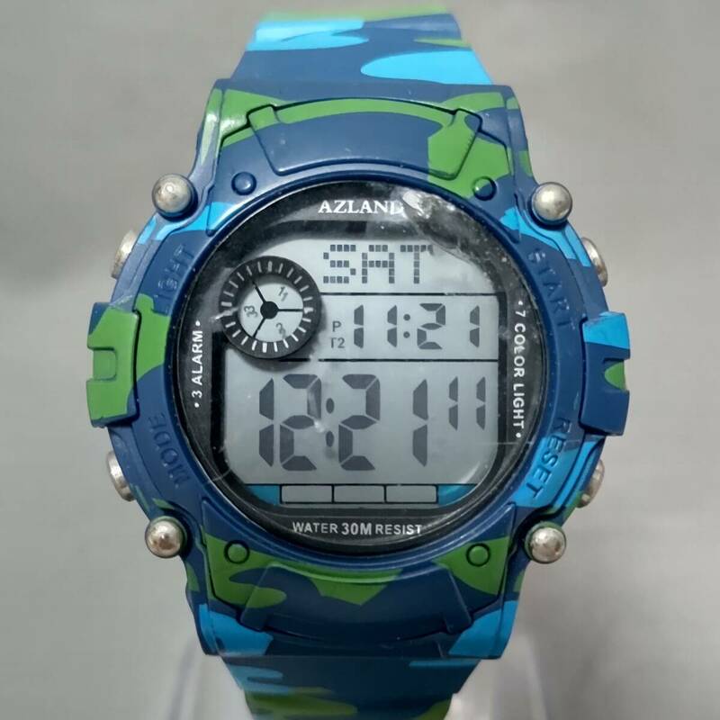 564/23　GJ60573　AZLAND　KW023　KIDS SPORTS WATCHES　デジタル　クォーツ　ブルー　迷彩　稼働　腕時計