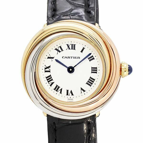 カルティエ Cartier トリニティ 3カラーゴールド K18 PG/WG/YG レザー シルバーホワイト文字盤 レディース腕時計 クォーツ 27mm