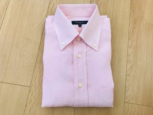 【良品】CAMICISSIMA★リネンBDワイシャツ★ピンク★38-15