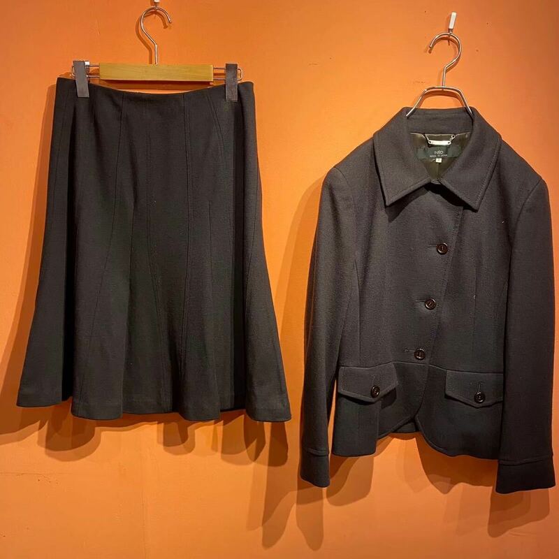INED イネド 変形セットアップ スカートスーツ シャツカラー ウール100％ ブラック レディース 11サイズ YF052