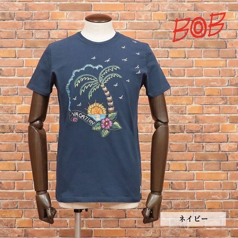 BOB/Lサイズ/イタリア製Tシャツ ジャージー伸縮 ハンドメイド 刺繍 かわいい クルーネック 半袖 新品/紺/ネイビー/ib360/