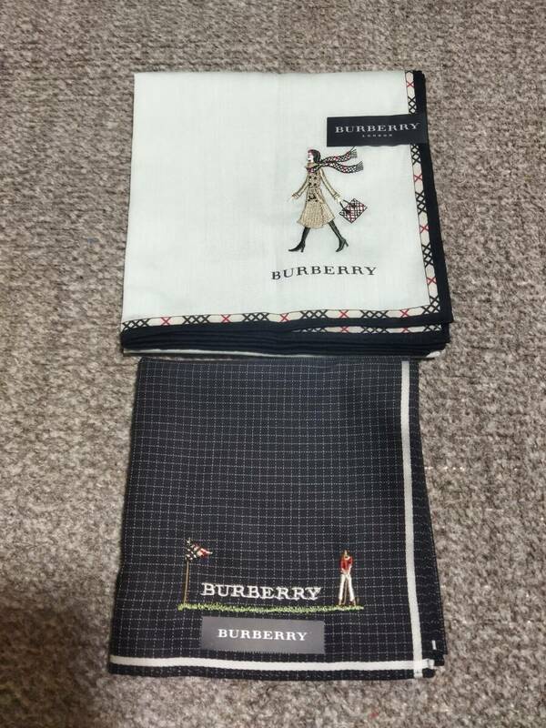 バーバリー　未使用ハンカチ2枚セット　ゴルフ刺繍＆女性刺繍　BURBERRY