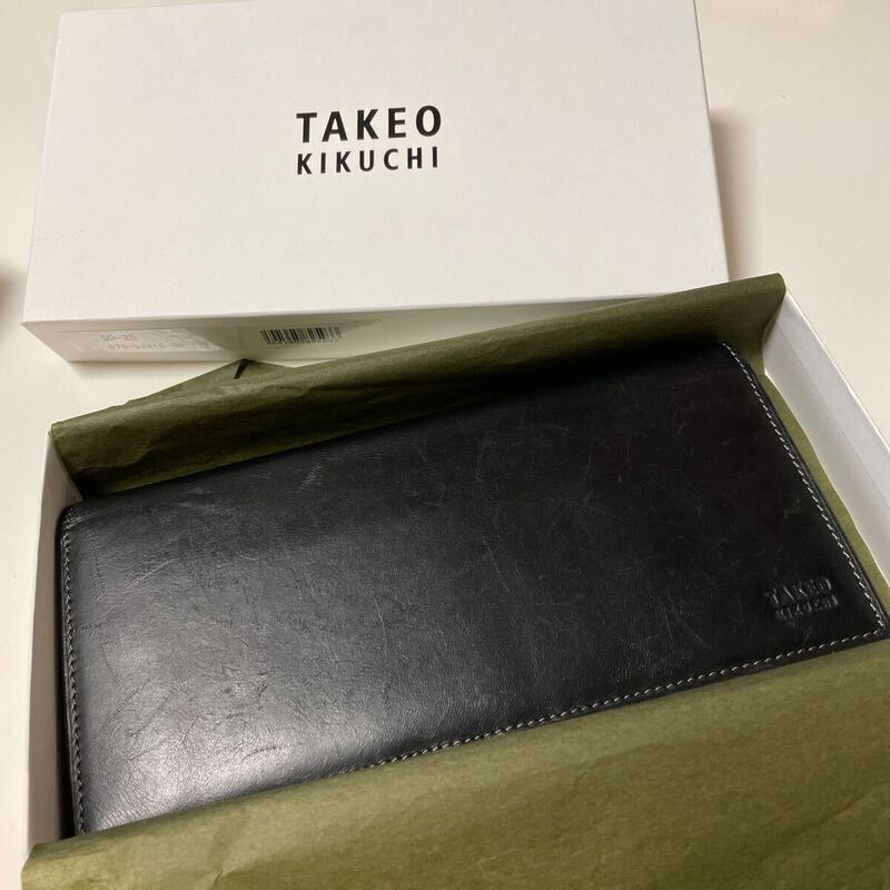 【中古】TAKEO KIKUCHI 長財布　黒　レザー　本革　カード入れ　小銭入れ　札入れ