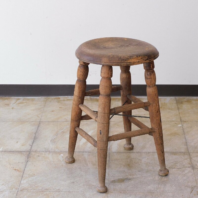 総ケヤキ 造りのいい丸椅子 HK-a-03574 / 欅材 古道具 木製 無垢材 シャビー イス チェア