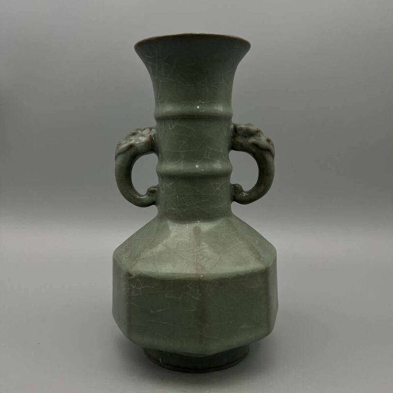 中国 古美術 汝窯 官窯 青磁 花器 獣耳 古玩 花瓶 中国美術 高さ23cm