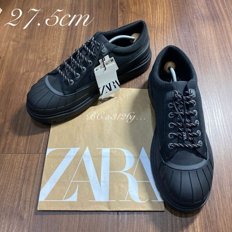 新品 ZARA ナイロン×ラバーコンビブーツ 27.5cm 43 BLACK メンズ ザラ トレッキングタイプ ブーツ シューズ ローカット D環 タグ付き