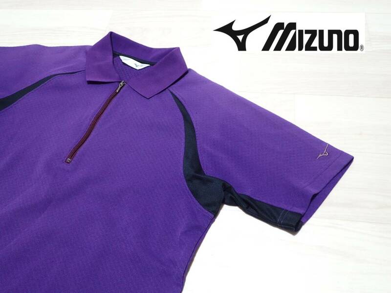 ☆MIZUNO GOLF　☆ミズノ　☆日本製　☆ゴルフウエア　☆ラグラン袖　☆ハーフジップ　☆半袖ポロシャツ　☆紫×黒　☆メンズ　☆M