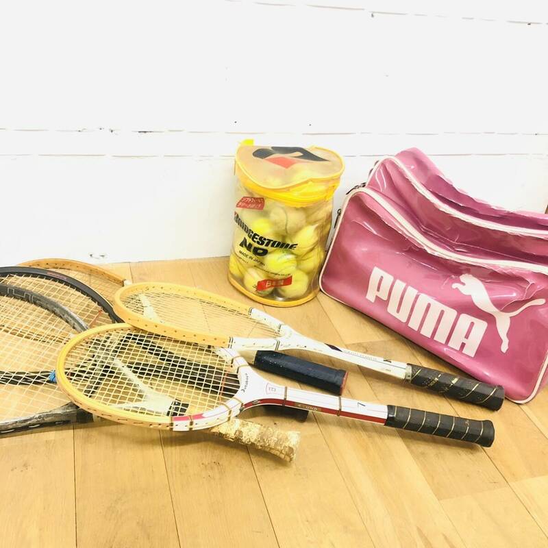 【OP30.2SA】1円～テニスラケット5本セット テニス用品 Kawasaki YAMAHA Futabaya エナメルバッグ PUMA ピンク プーマ テニスボール ケース