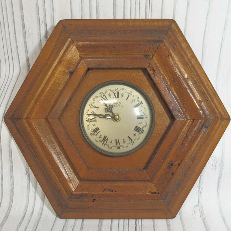 f002 B4 アンティークウォールクロック 木製 掛時計 LONDON 1690 アナログ 壁掛け時計 6角形 インテリア 直径約38cm 動作品