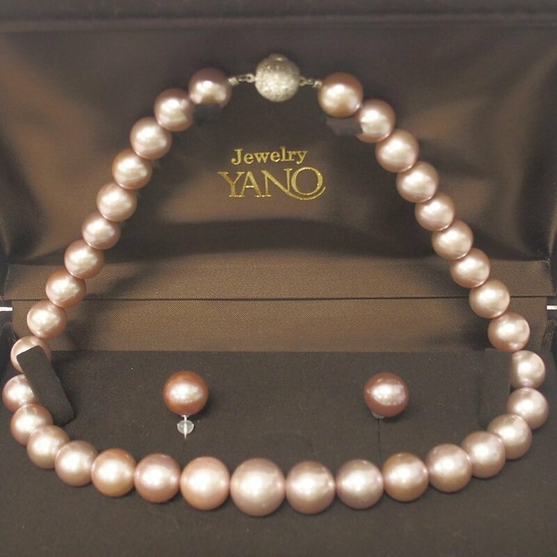 f002 Z2 Jewelry YANO パールネックレス&ピアス セット 真珠 パープル 紫系 約11-14.7mm グラデーション ピアス 金具 K18WG ケース入り