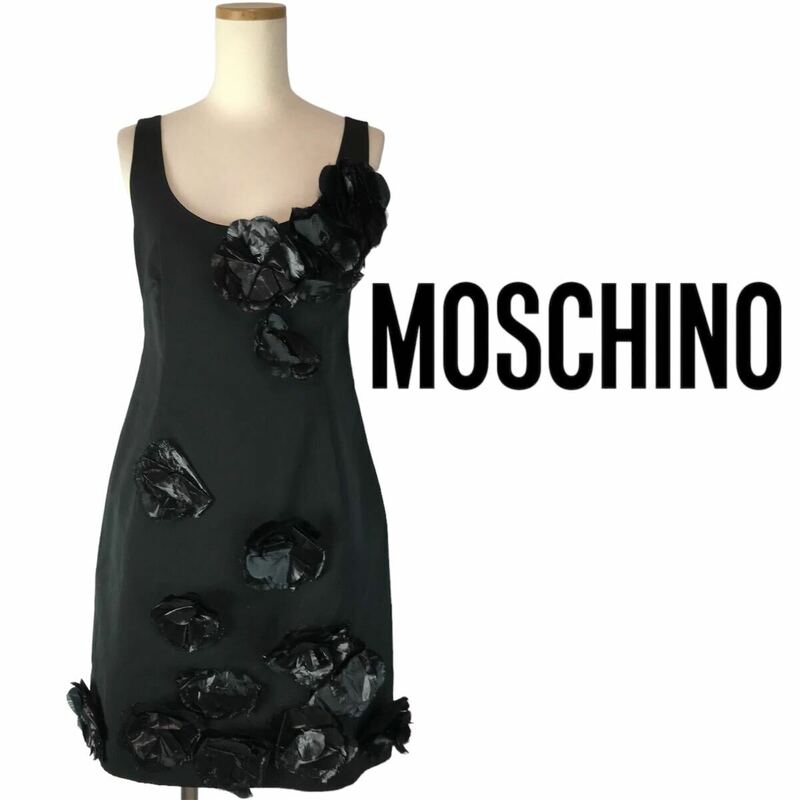 j245 MOSCHINO モスキーノ ノースリーブ ワンピース コサージュ ドレス 黒 ブラック 38 イタリア製 フォーマル 正規品