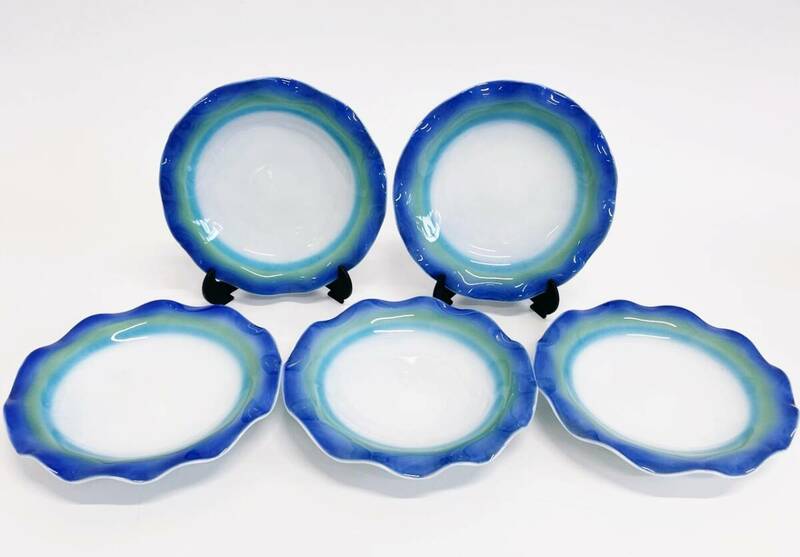 宮内庁御用達 深川製磁 アクアブルー 銘々皿 5枚組 フリル皿 小皿 ブルーフリル 取皿5枚 皿揃い 陶器 食器