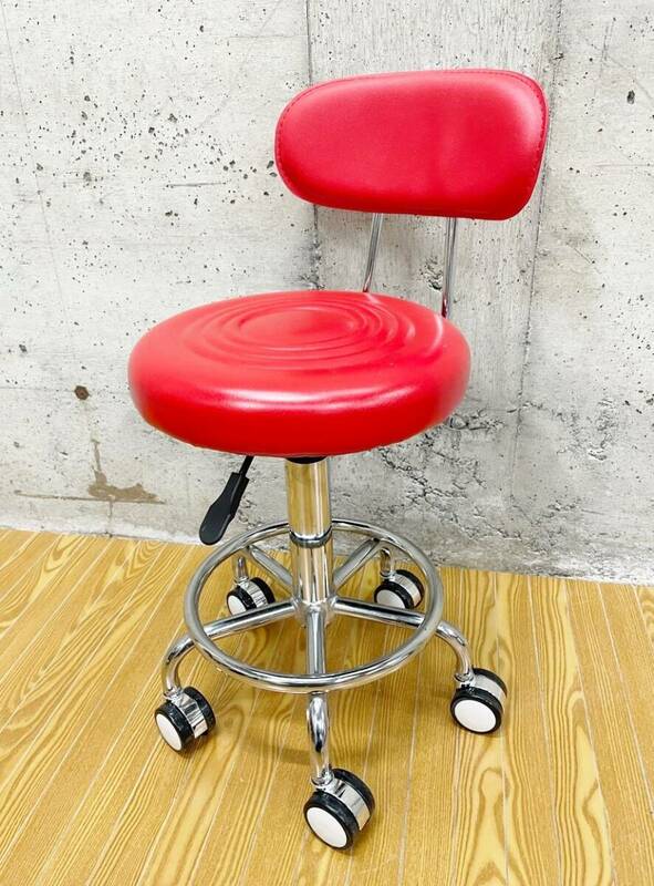 回転チェア キャスター付き レッド 赤 丸椅子 椅子 イス 昇降式 背もたれ付き 回転椅子 カウンターチェア 